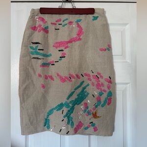 Tracy Reese x Anthropology Beige Skirt with Pink and Teal Embroidery & sequins